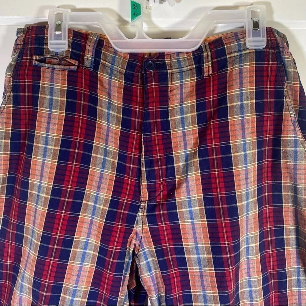 Madison men's 34 Plaid blue red orange casual fun vacation flat front shorts